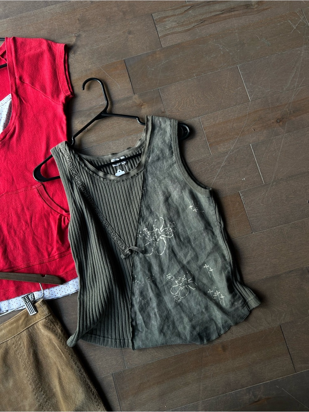 Womens Olive Green Layered Ribbed Tank Top with Floral Detail